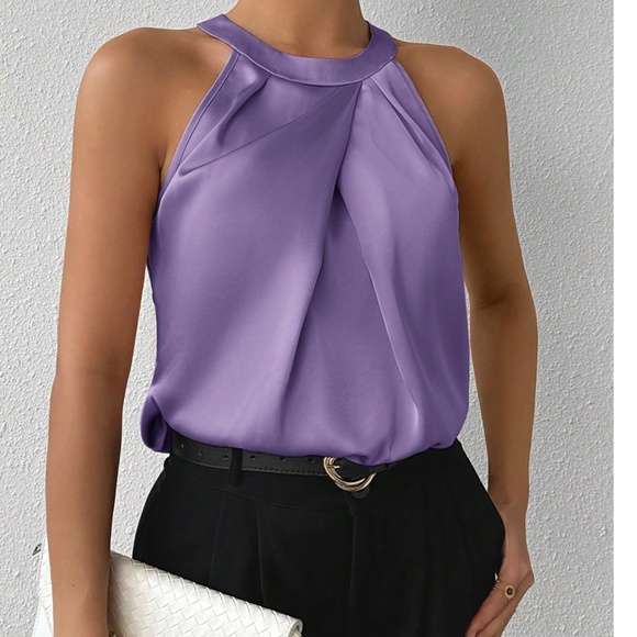 Classic Satin Pleated Solid Tank Top - Picture 10 of 12